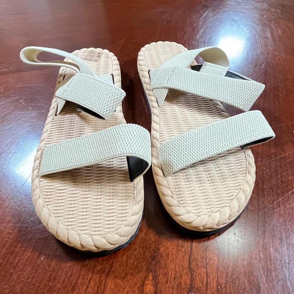 Beige Woven Texture Slide Sandals Elastic Straps Rope Trim EU 43 Mens Womens